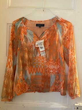 Jones New York Orange Multi-Pattern V-Neck Sheer Blouse